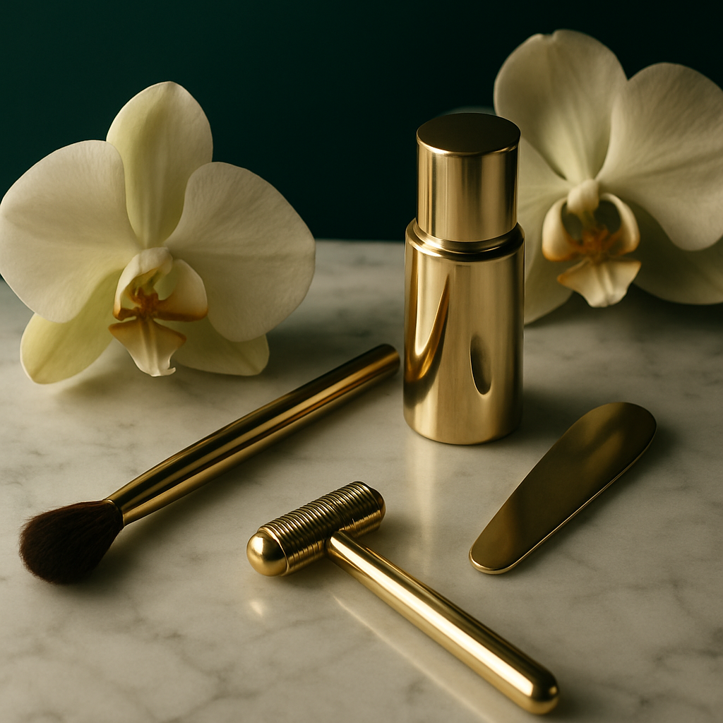 Luxury beauty salon details with orchids and golden tools